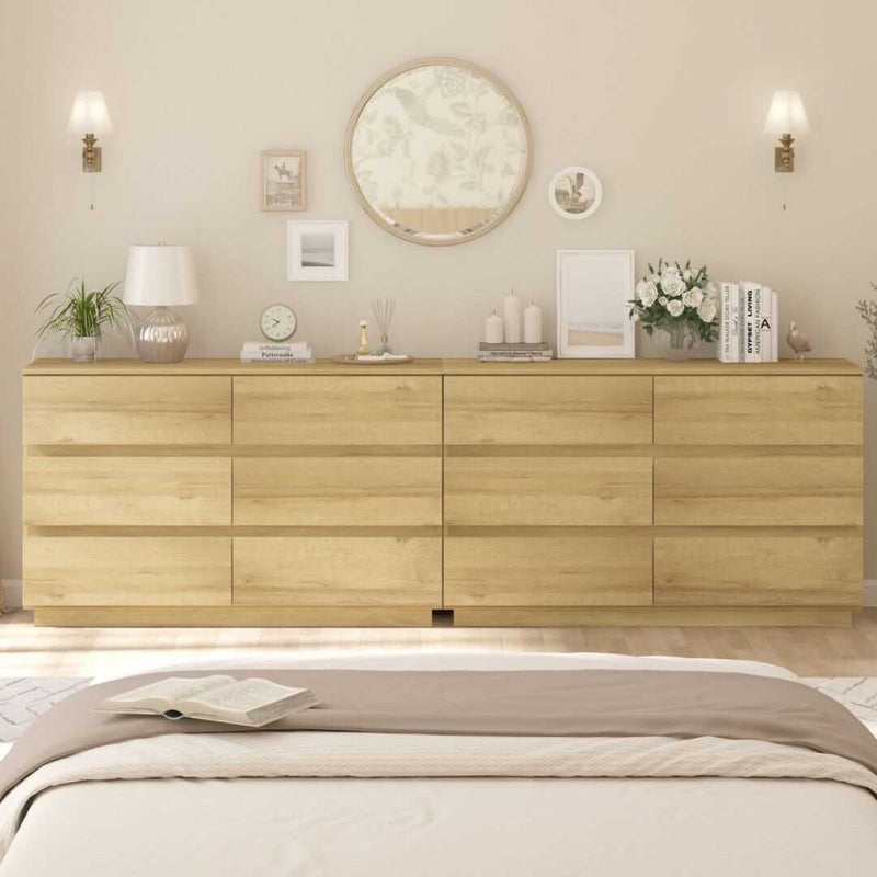 Light oak 12-drawer dresser set in bedroom with decor and plants.