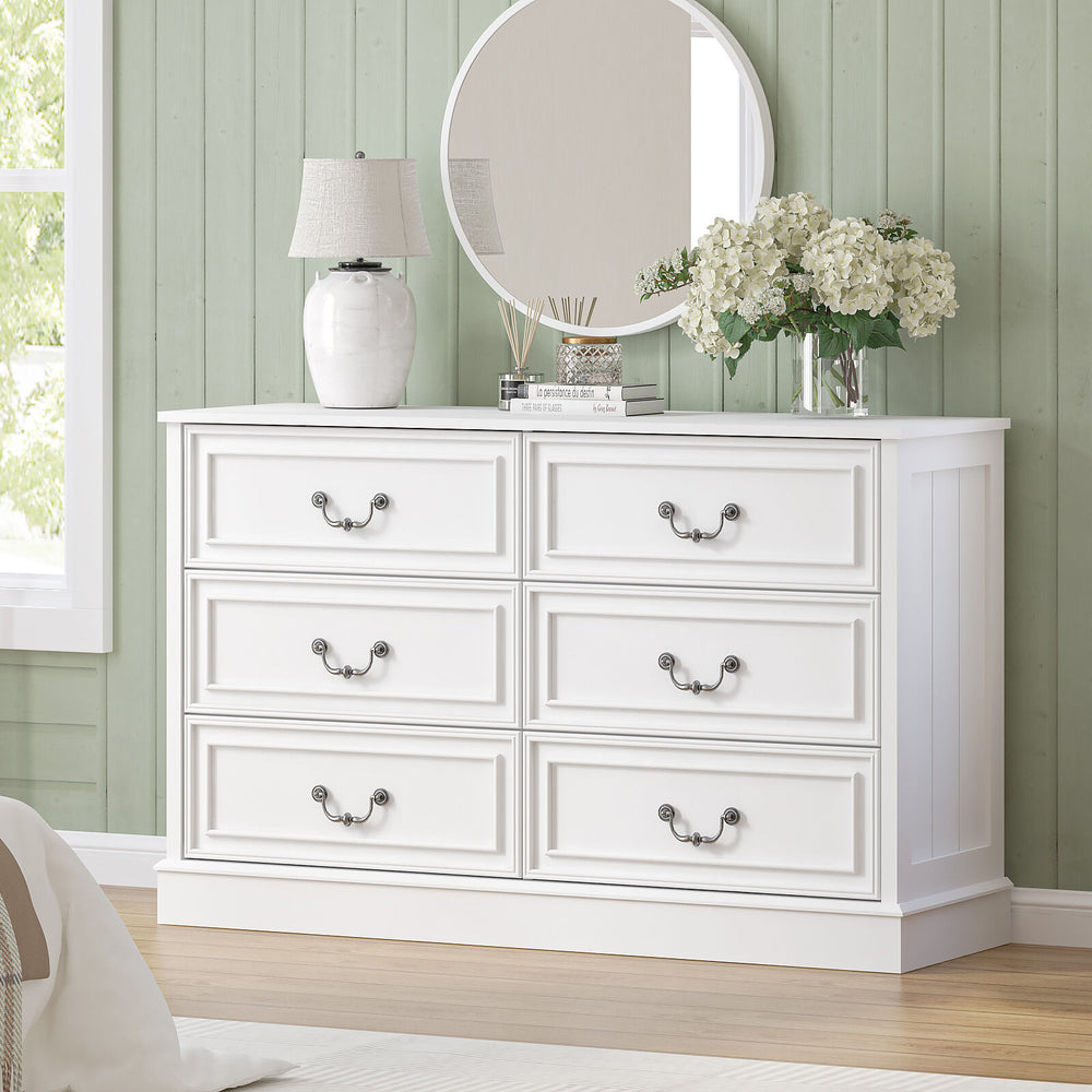 Hampton White 6 Drawer Chest of Drawers Lowboy Dresser Storage Cabinet Bedroom