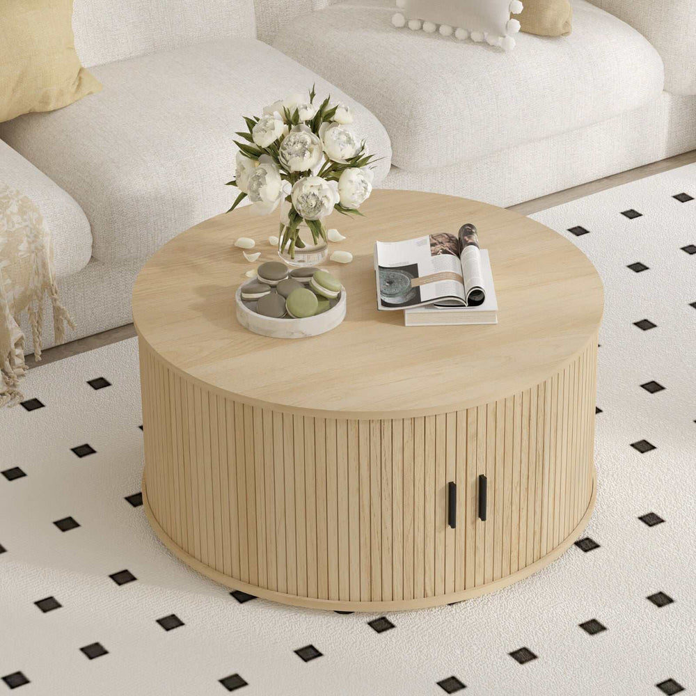 Ayla Round Fluted Coffee Table (80cm) with Sliding Tambour Door