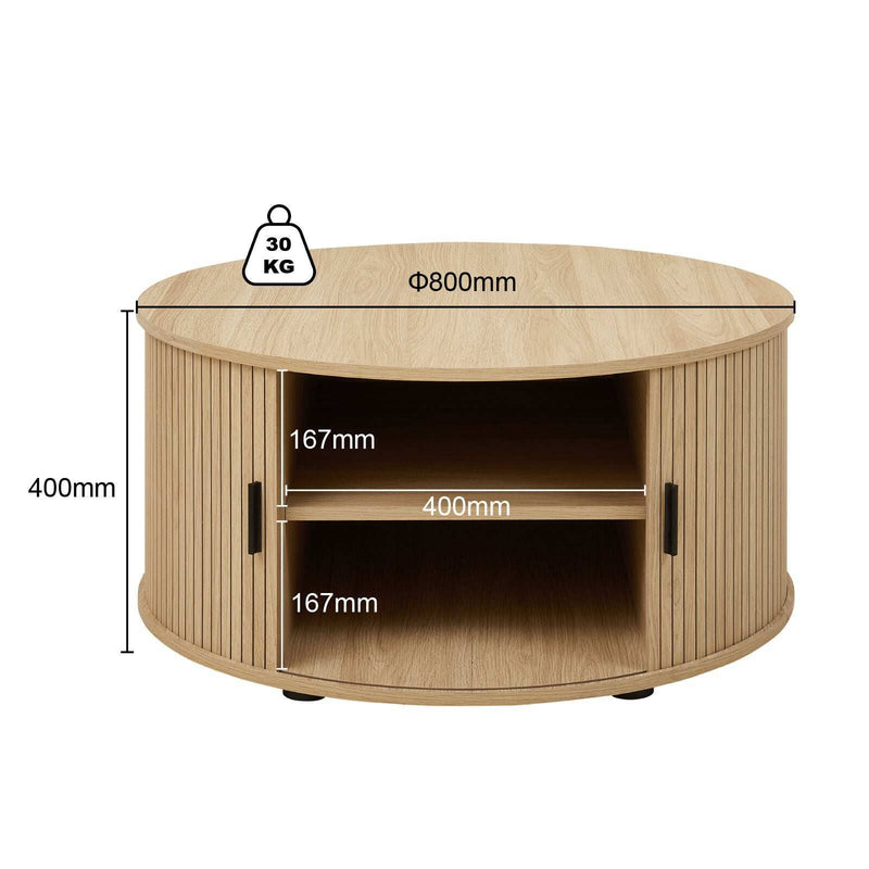 Ayla Round Fluted Coffee Table (80cm) with Sliding Tambour Door