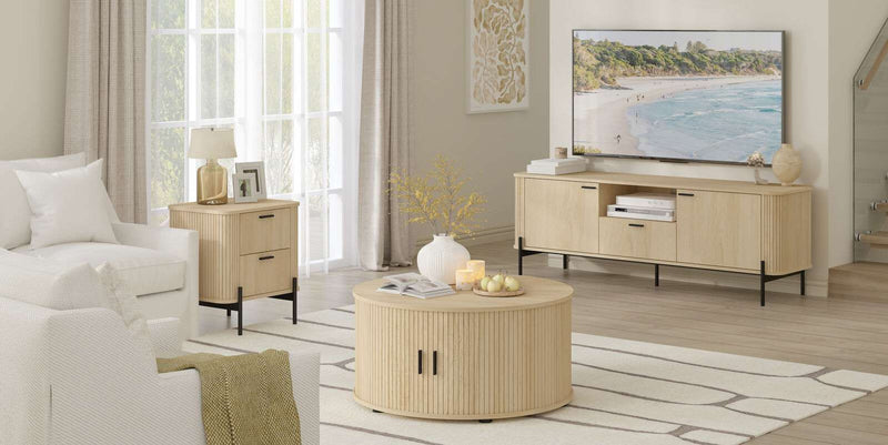 Ayla Round Fluted Coffee Table (80cm) with Sliding Tambour Door