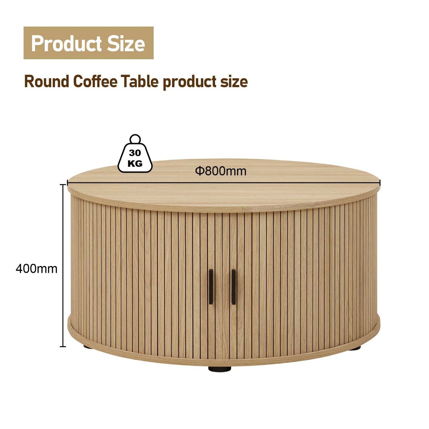 Fluted Design & Sliding Tambour Door - Ideal End Table 80cm round coffee table with fluted design and sliding tambour door, ideal for storage and minimalist elegance.