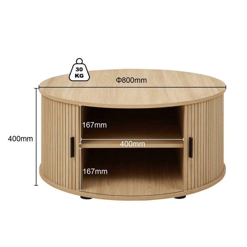Fluted Design & Sliding Tambour Door - Ideal End Table 80CM round coffee table with fluted design and sliding tambour door, ideal as an end table, features ample storage and a warm wood grain finish.