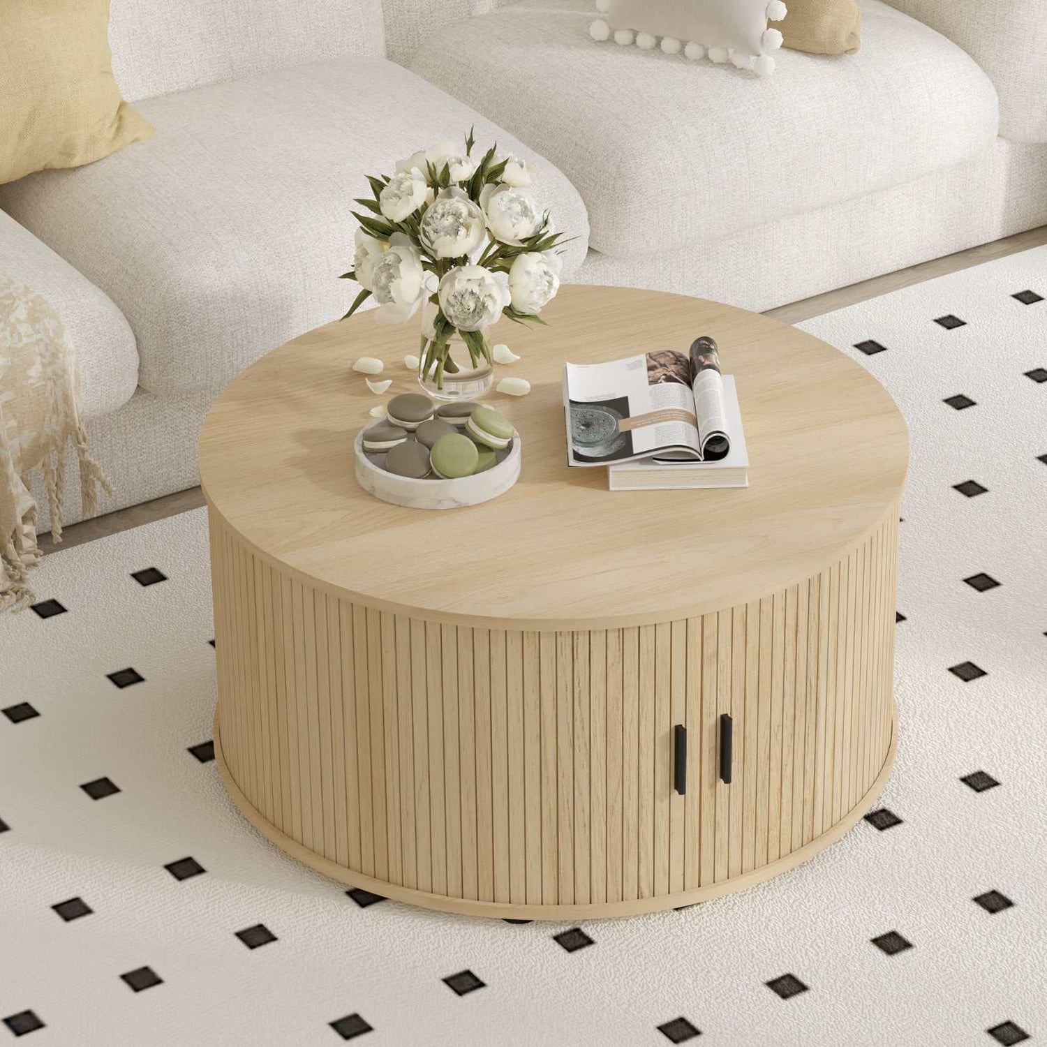 Fluted Design & Sliding Tambour Door - Ideal End Table 80CM round coffee table with fluted design and sliding tambour door on a cozy white living room rug.