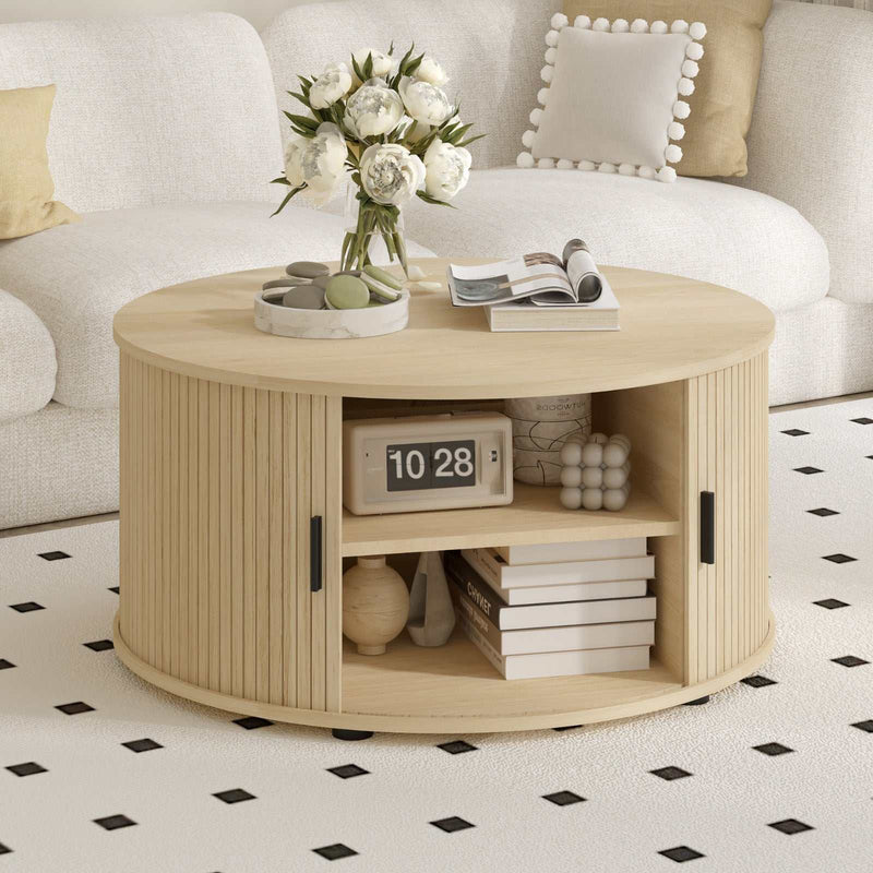 Fluted Design & Sliding Tambour Door - Ideal End Table 80CM round coffee table with fluted design and sliding tambour door, ideal as an end table in modern living spaces.