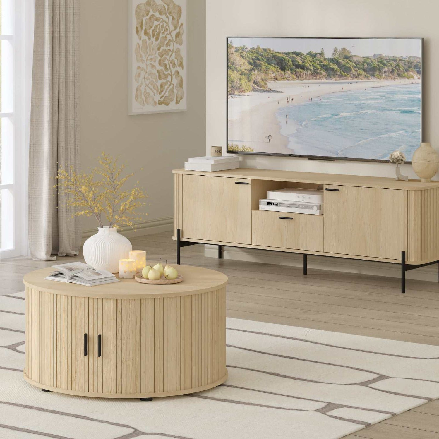 Fluted Design & Sliding Tambour Door - Ideal End Table 80CM round coffee table with fluted design and sliding tambour door in a living room setting.