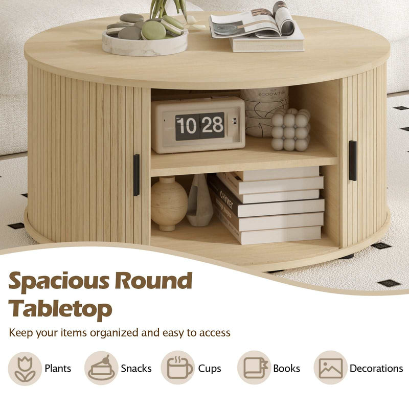 Fluted Design & Sliding Tambour Door - Ideal End Table 80CM round coffee table with fluted design and sliding tambour door, featuring storage shelves and natural wood finish, ideal for stylish and functional living spaces.