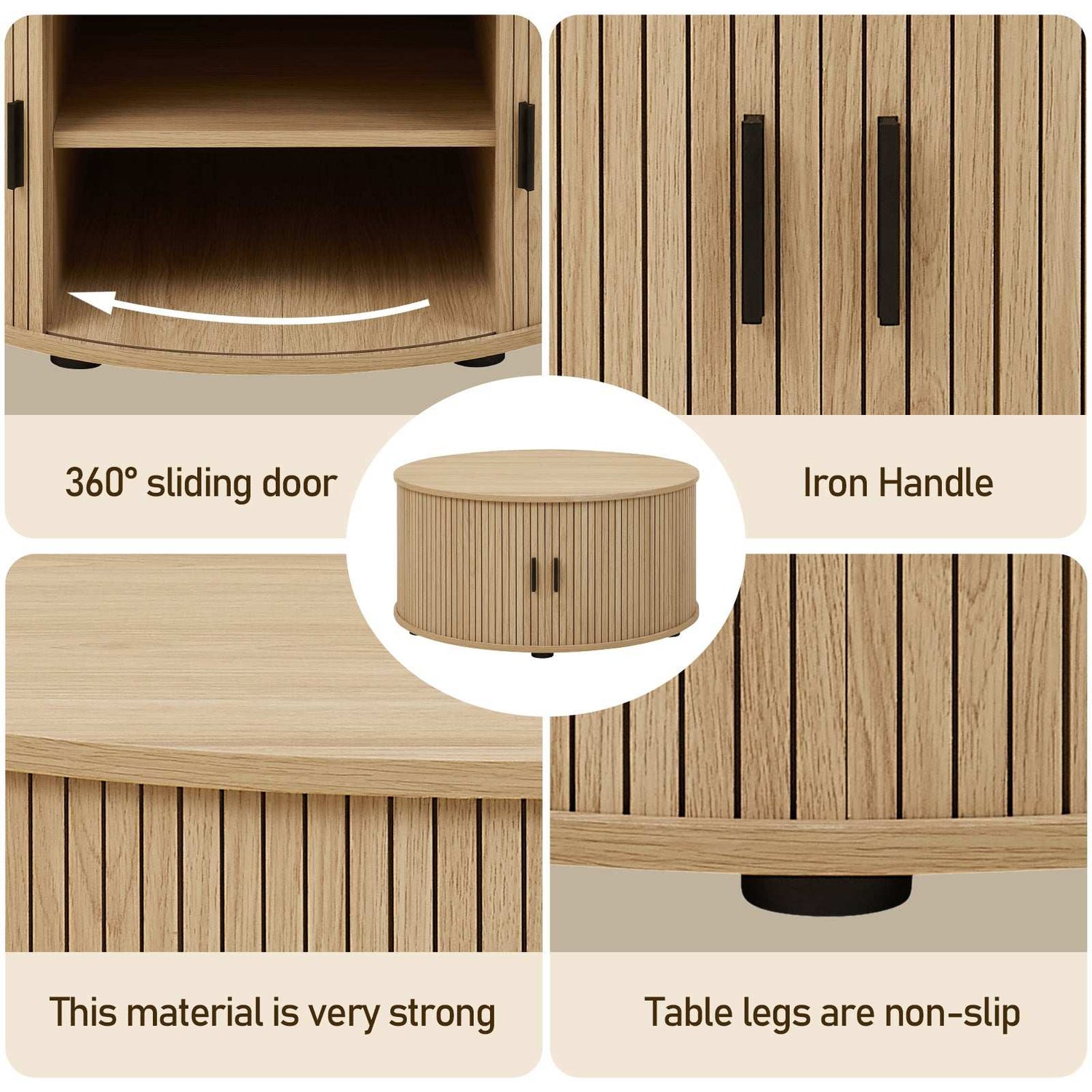 Fluted Design & Sliding Tambour Door - Ideal End Table 80CM round coffee table with fluted design, sliding tambour door, non-slip legs, and iron handle.