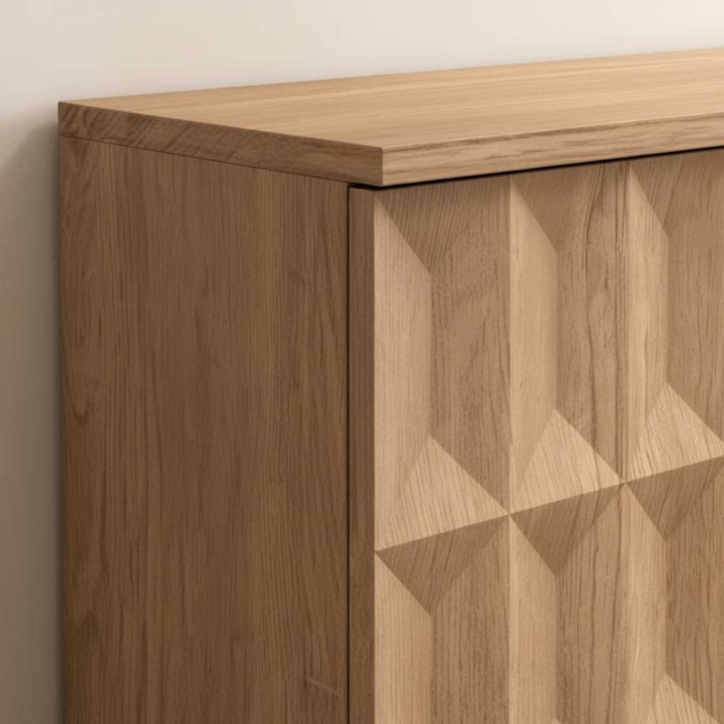 45-degree angle showing geometric pattern meeting side panel