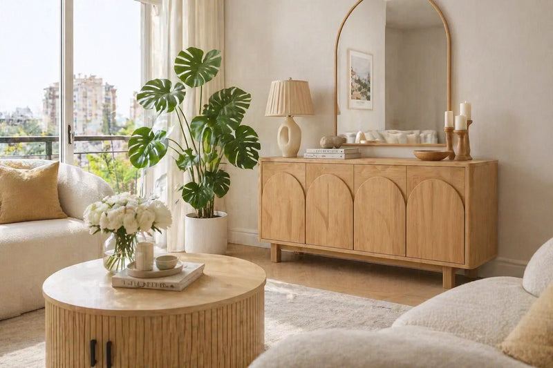Ayla Round Fluted Coffee Table (80cm) with Sliding Tambour Door