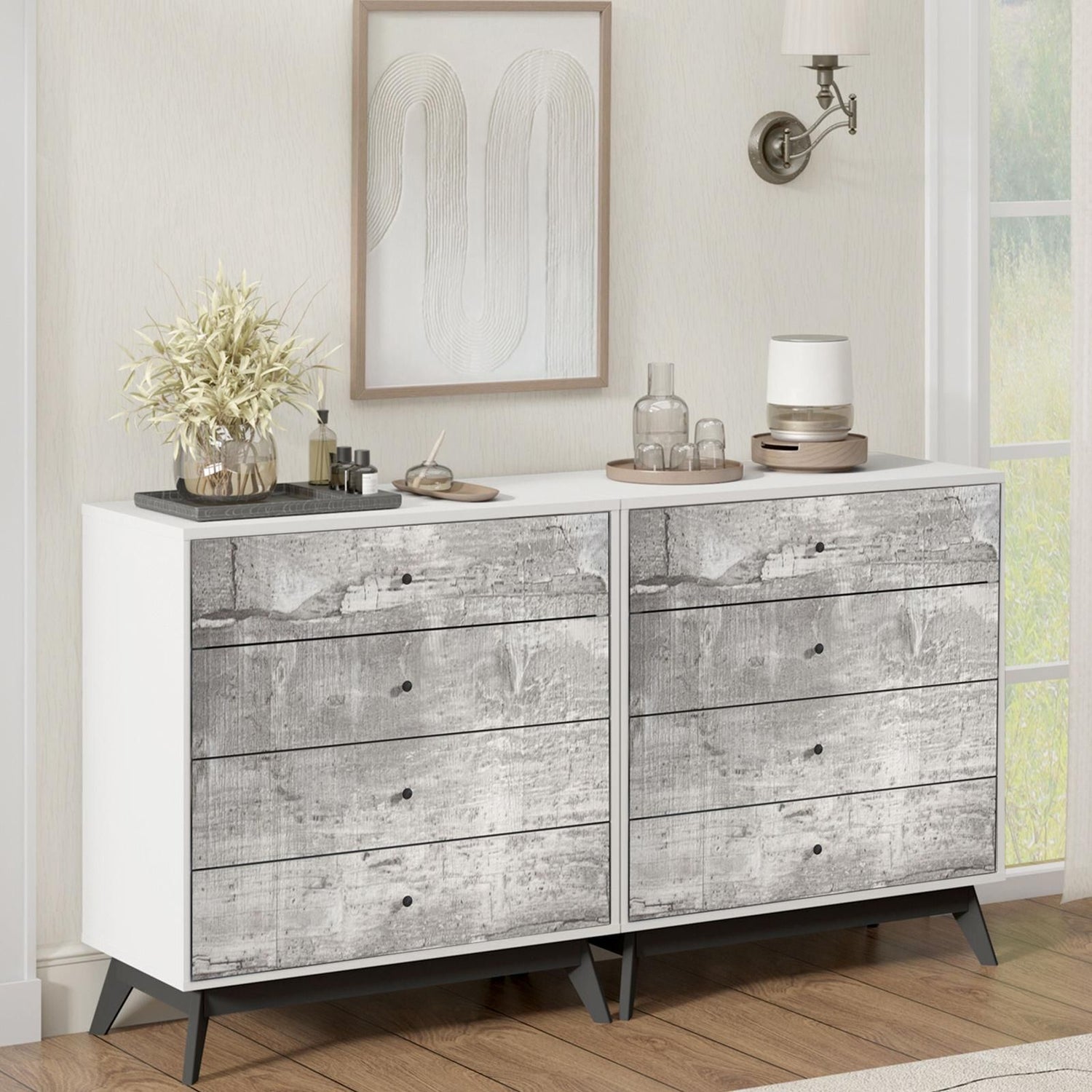 Bella 8 Chest of Drawers with rustic reclaimed wood finish and black tapered legs, offering practical storage in a stylish tallboy set of 2.