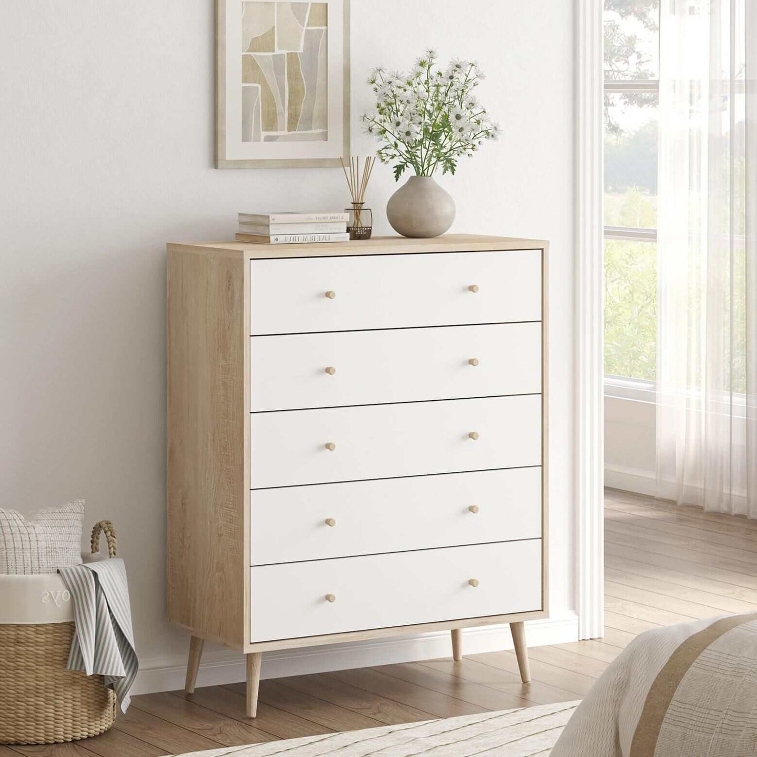Adriana 5 Drawer Chest of Drawers Tallboy Dresser | Scandinavian Style Chest for Elegant Storage