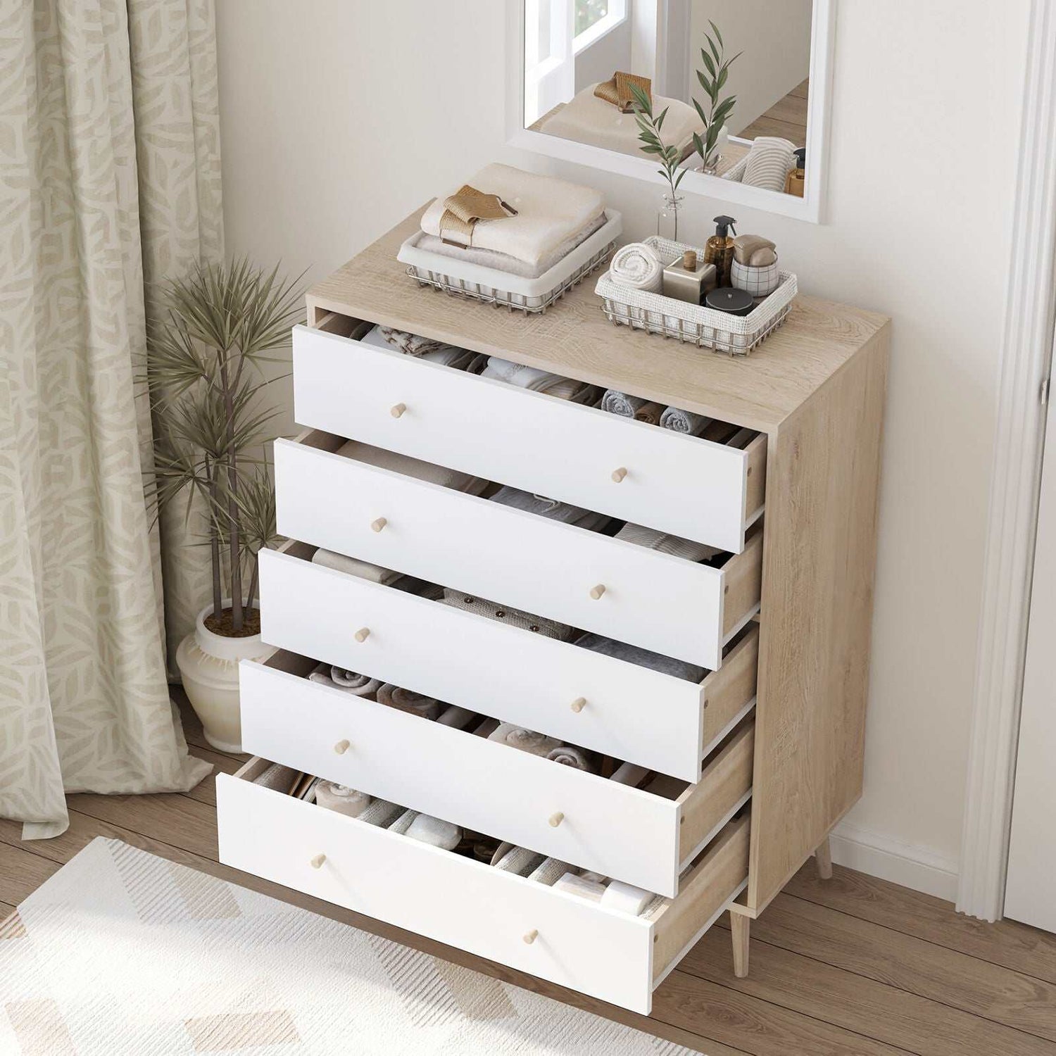 Adriana 5 Drawer Chest of Drawers Tallboy Dresser | Scandinavian Style Chest for Elegant Storage