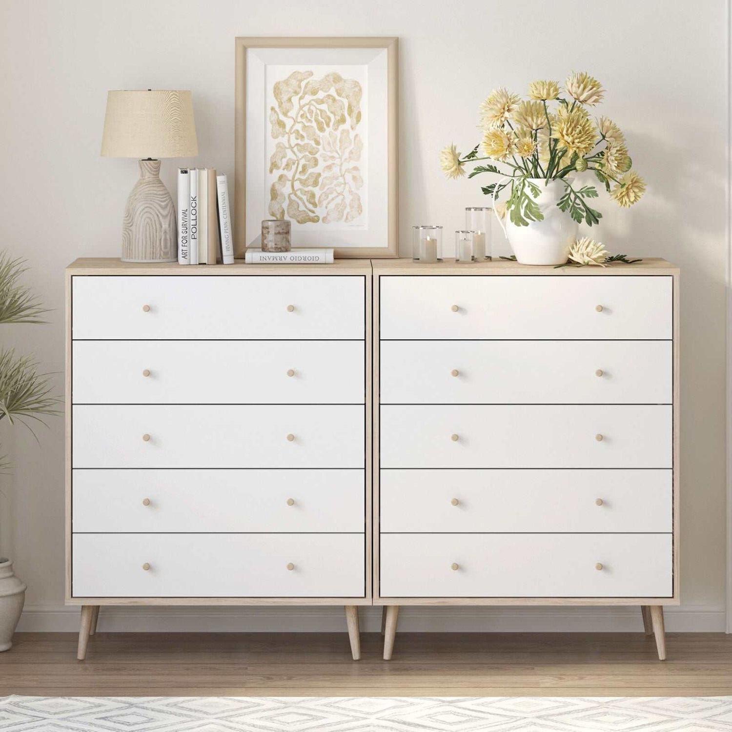 Scandinavian-style 10 drawer chest of drawers with splayed legs and oak-effect finish, enhancing bedroom decor with modern elegance.