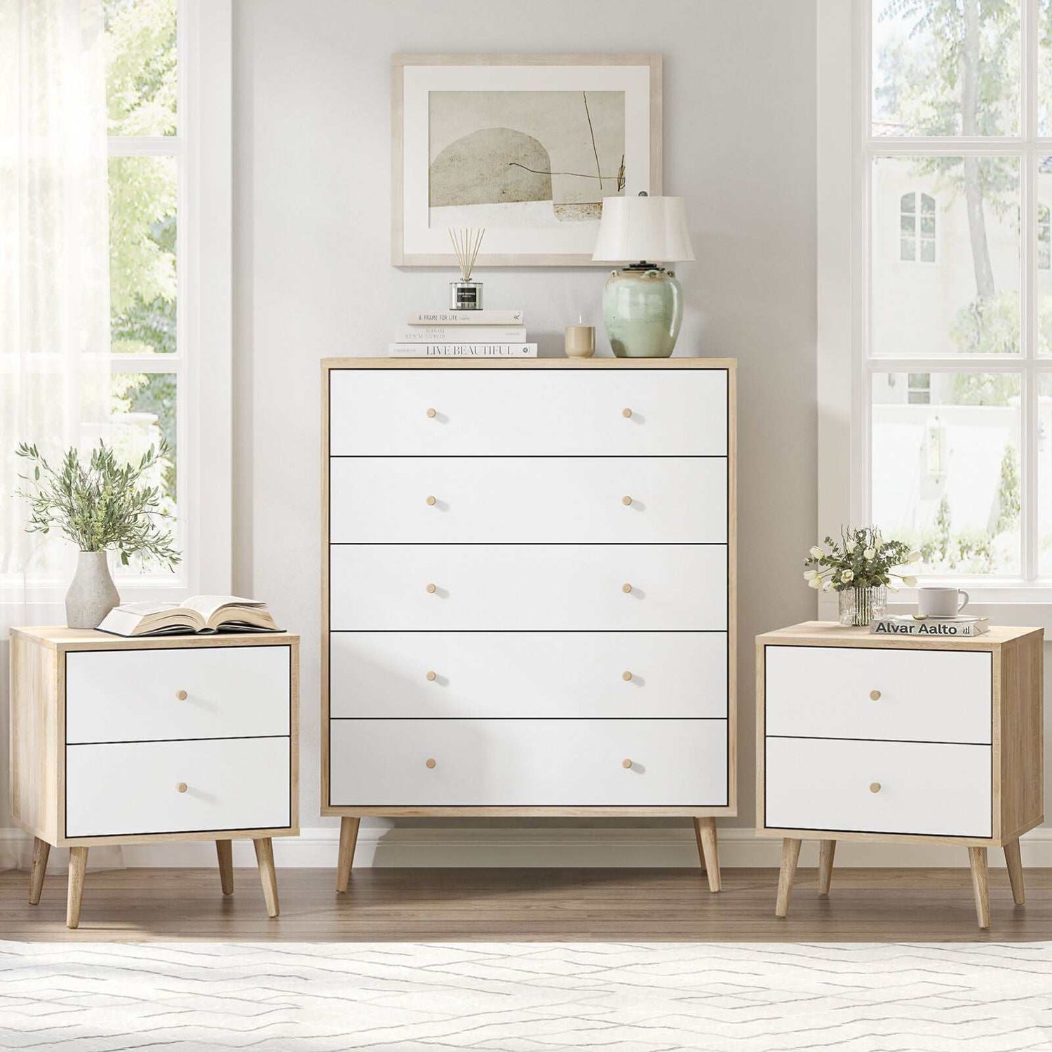 Scandinavian-style Adriana 5 drawers chest of drawers dresser with 2 bedside tables in oak-effect finish.
