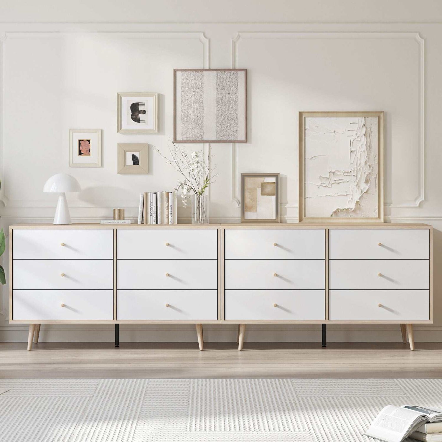 Scandinavian-style 12-drawer lowboy chest of drawers dresser with oak-effect finish and tapered wooden handles.