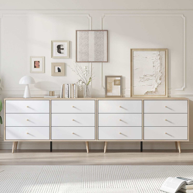 Scandinavian-style 12-drawer lowboy chest of drawers dresser with oak-effect finish and tapered wooden handles.