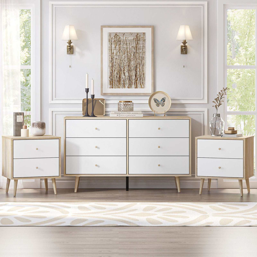 Adriana Bedroom Bundle with 6-drawer dresser and 2 bedside tables in a modern oak-effect finish, featuring tapered wooden handles and Scandinavian-style legs.
