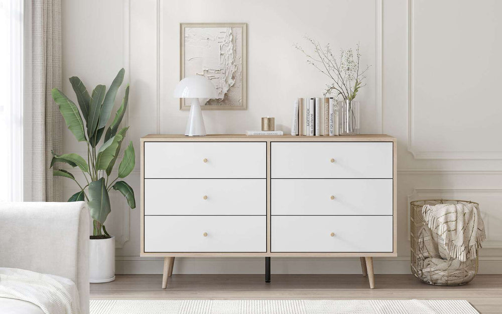 Scandinavian style Adriana 6 Drawers chest of drawers dresser with white front and oak-effect top in modern bedroom setting