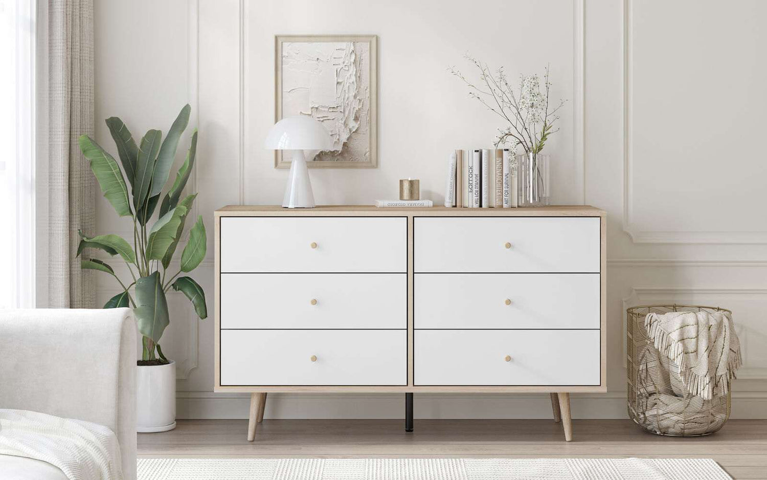 Scandinavian style Adriana 6 Drawers chest of drawers dresser with white front and oak-effect top in modern bedroom setting