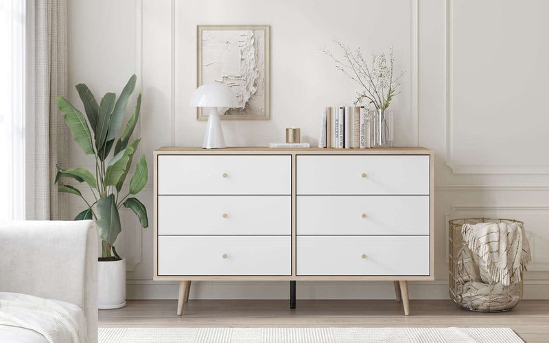 Scandinavian style Adriana 6 Drawers chest of drawers dresser with white front and oak-effect top in modern bedroom setting