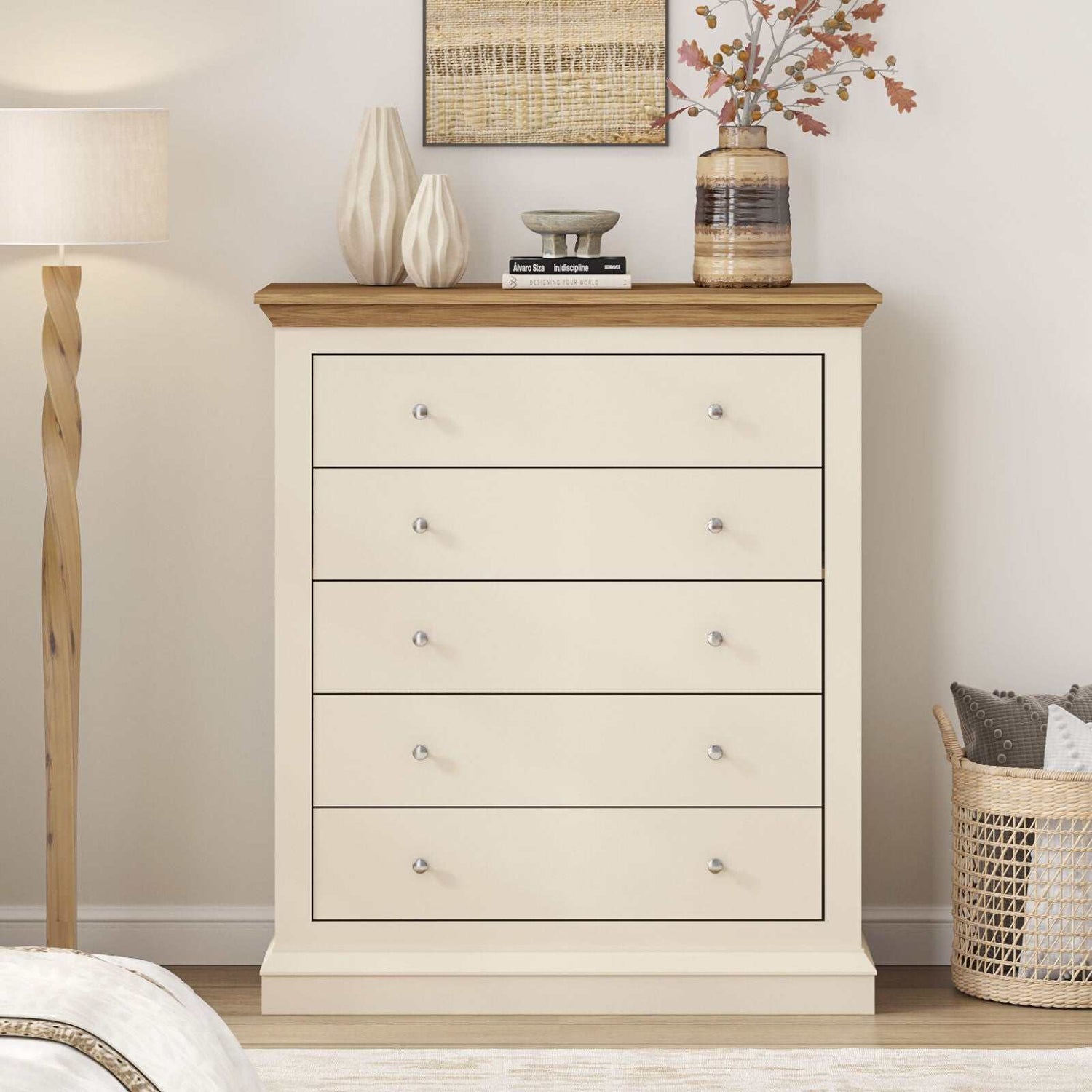 Hannah 5 Drawer Chest in cream with oak-effect top; rustic charm and elegant design, ideal bedroom storage solution.