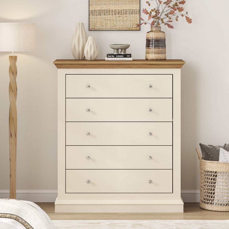 Hannah 5 Drawer Chest in cream with oak-effect top; rustic charm and elegant design, ideal bedroom storage solution.