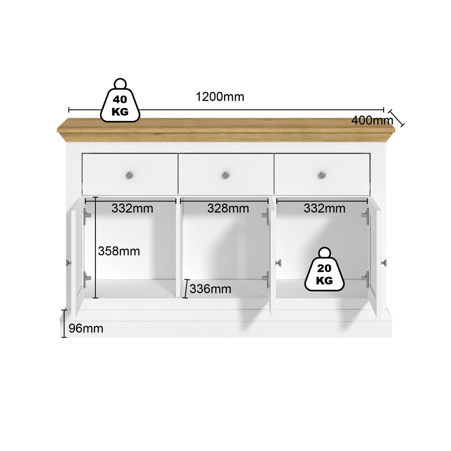 Regent Coastal Sideboard with 3 Drawers and 3 Cupboard Doors
