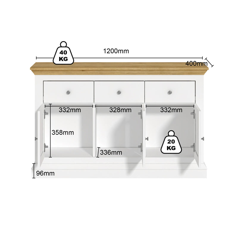 Regent Coastal Sideboard with 3 Drawers and 3 Cupboard Doors