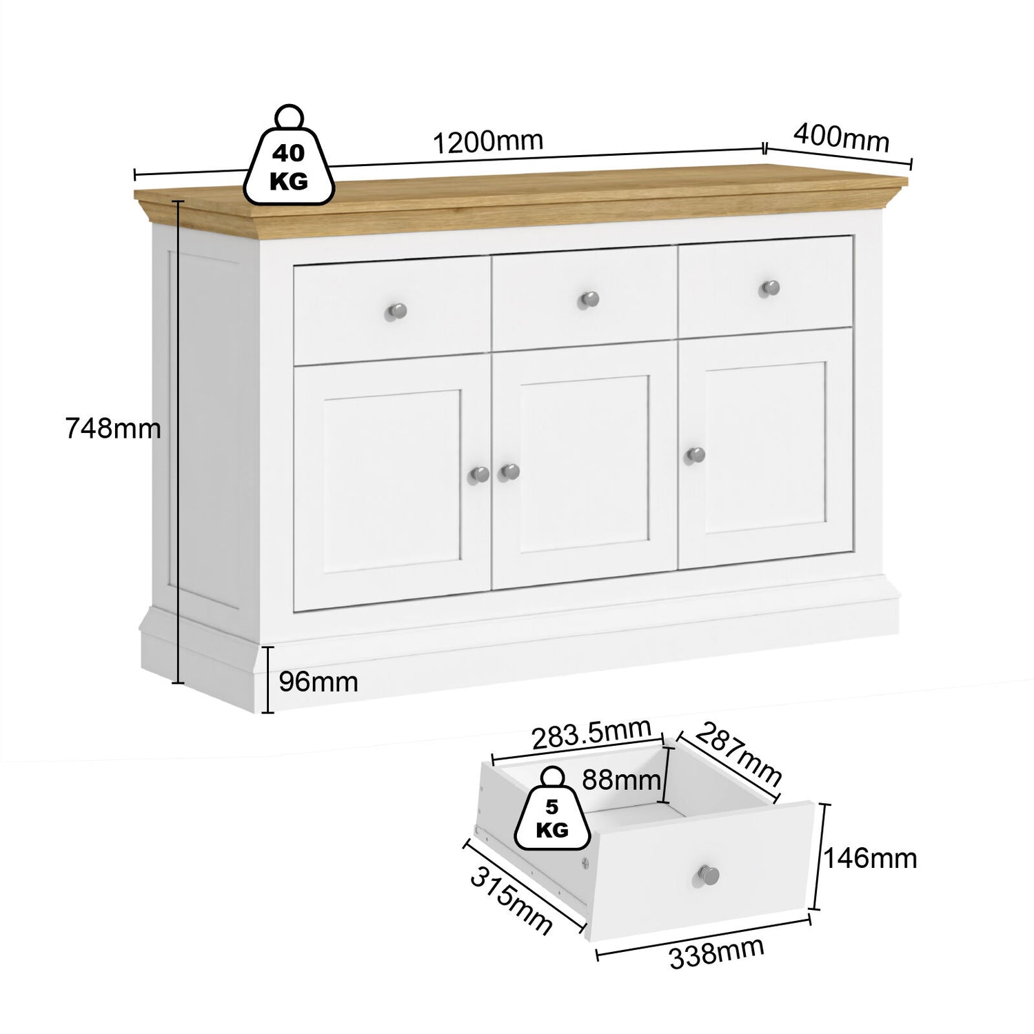Regent Coastal Sideboard with 3 Drawers and 3 Cupboard Doors