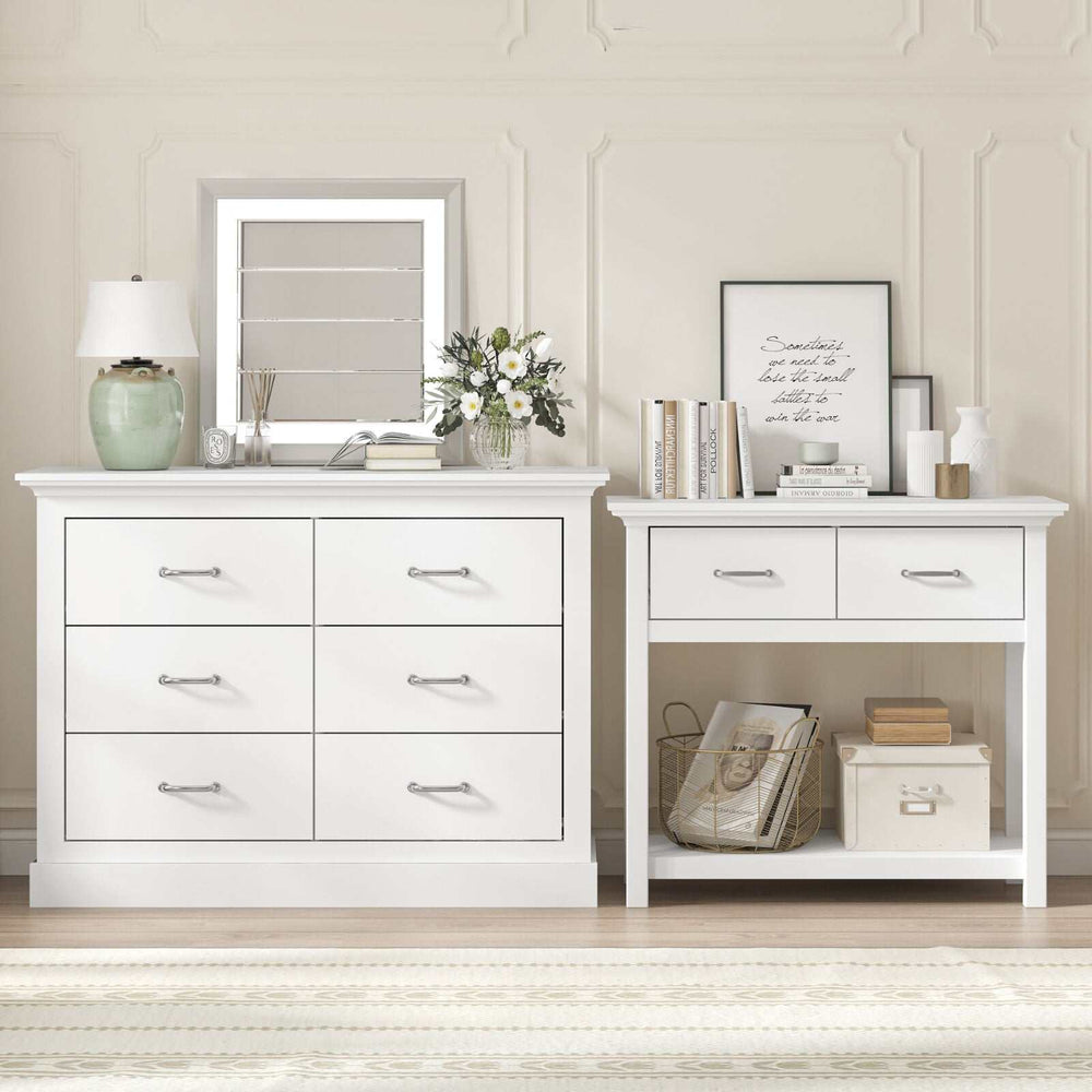 White Ashford 6 Chest of Drawers and Console Table in room setting, featuring sleek design and ample storage.