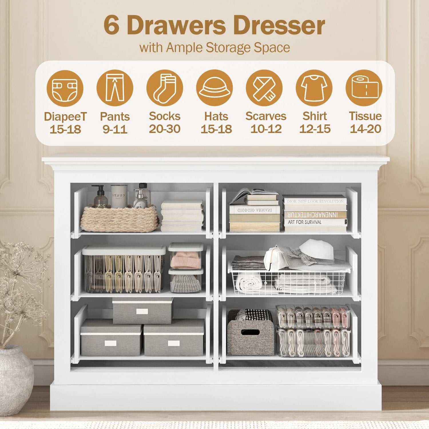 Ashford Matt White 6 Drawers Chest of Drawers Dresser | Elegant Dresser for Stylish Bedroom Storage