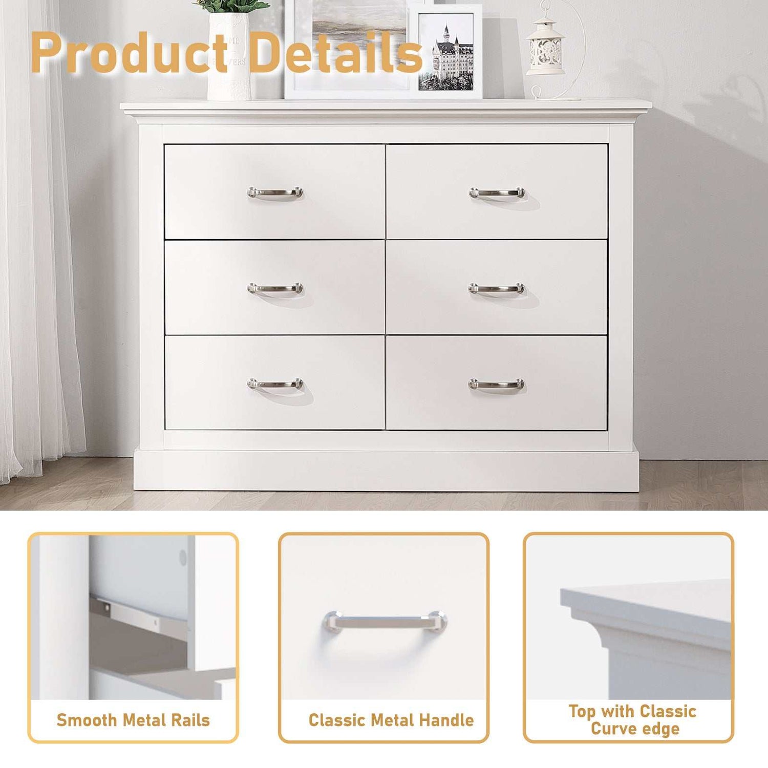 Ashford Matt White 6 Drawers Chest of Drawers Dresser | Elegant Dresser for Stylish Bedroom Storage