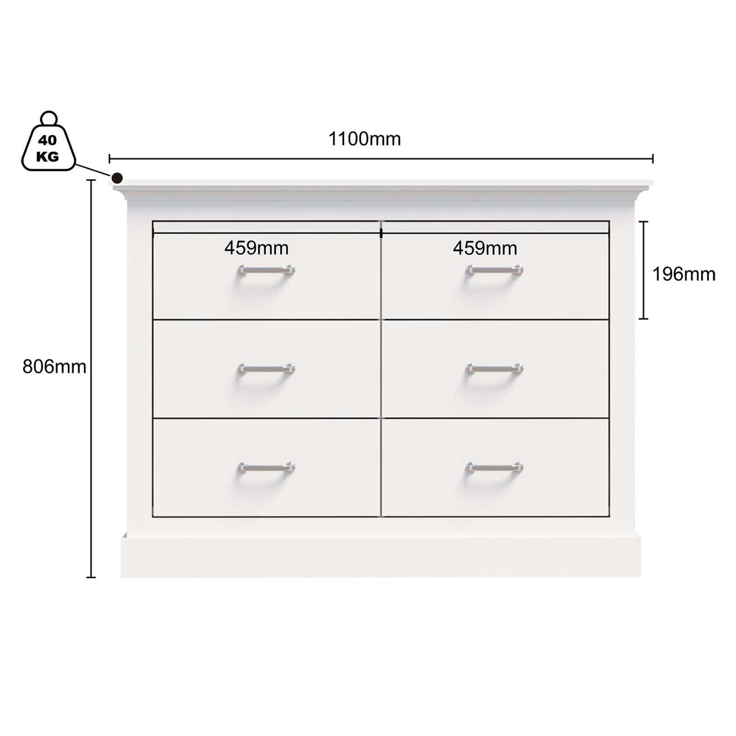 Ashford Matt White 6 drawer dresser with dimensions and storage details displayed.