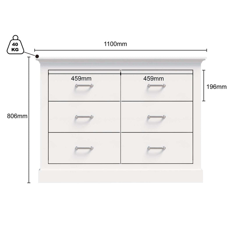 Ashford Matt White 6 drawer dresser with dimensions and storage details displayed.