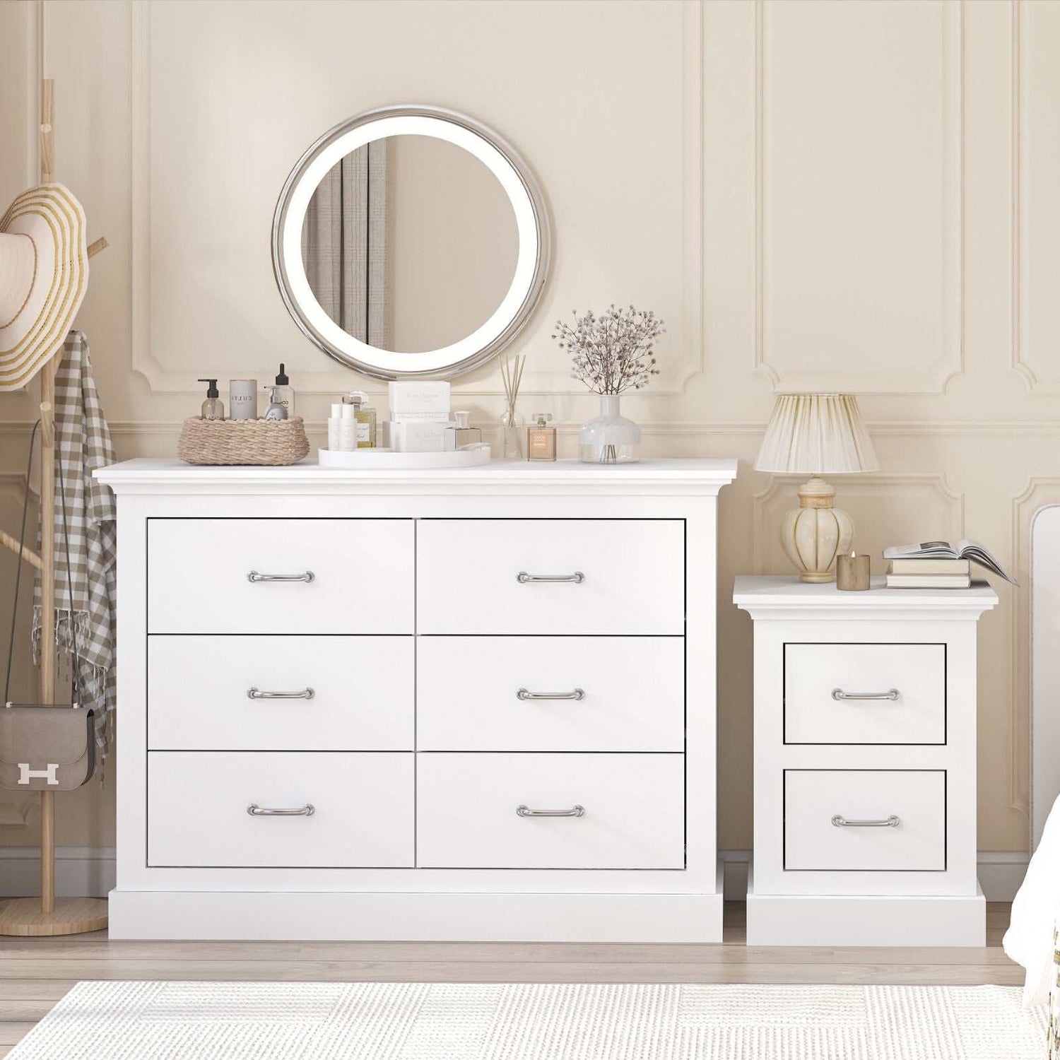 Ashford Matt White 6-drawer chest with bedside table, elegant storage solution.
