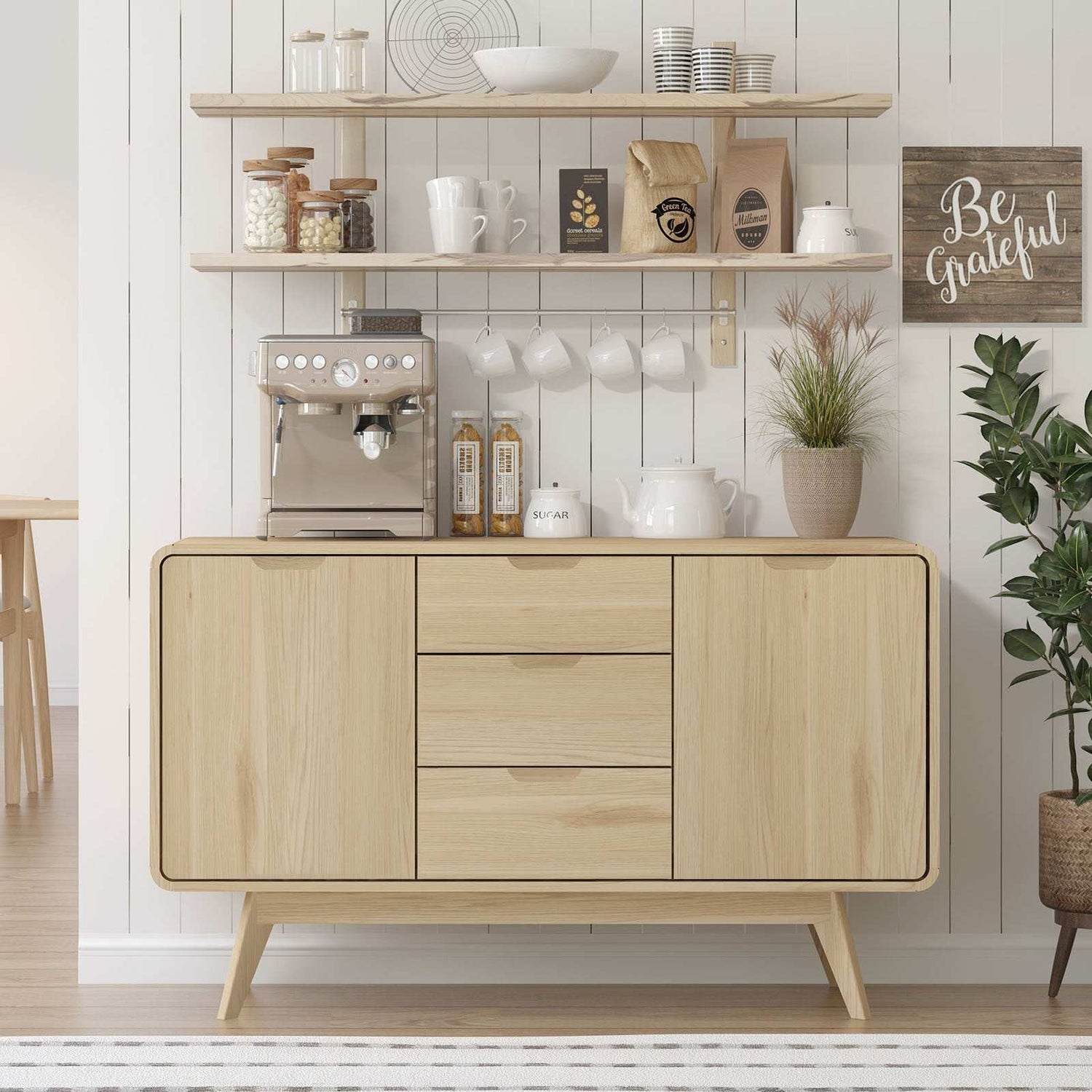 WABI-SABI Buffet Sideboard with drawers in natural oak finish, featuring clean lines and mid-century modern design, ideal for kitchen or hallway storage.