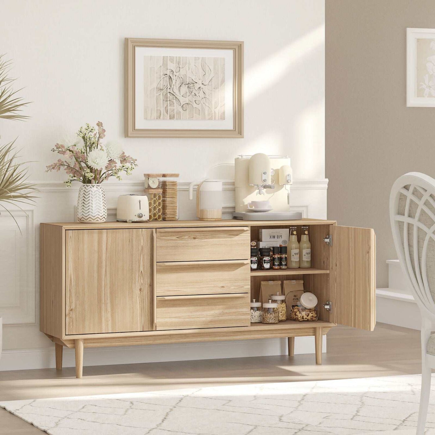 Swedish Large Buffet Sideboard Storage Cabinet - Scandi Style with 2 Doors & 3 Drawers Dresser | Spacious Storage Solution
