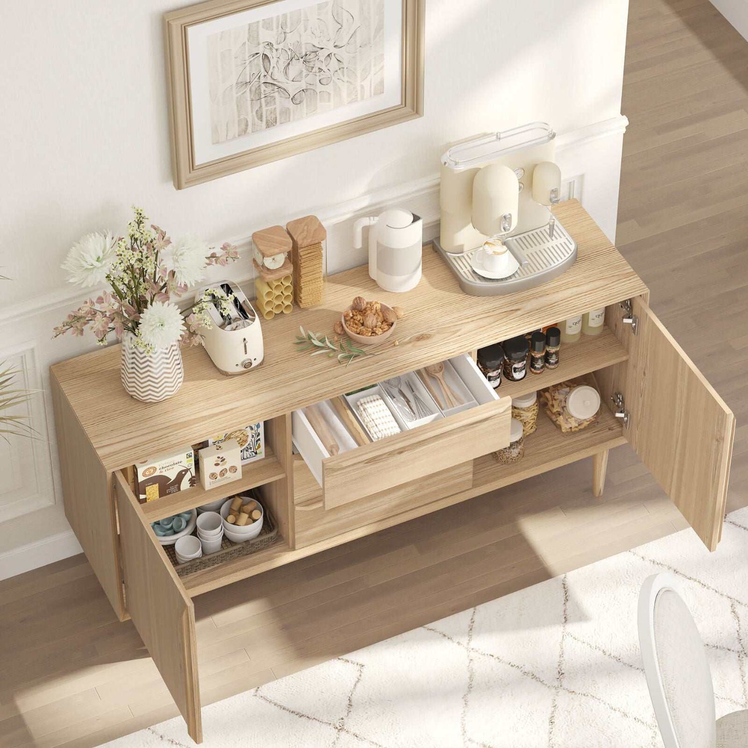 Swedish Large Buffet Sideboard Storage Cabinet - Scandi Style with 2 Doors & 3 Drawers Dresser | Spacious Storage Solution
