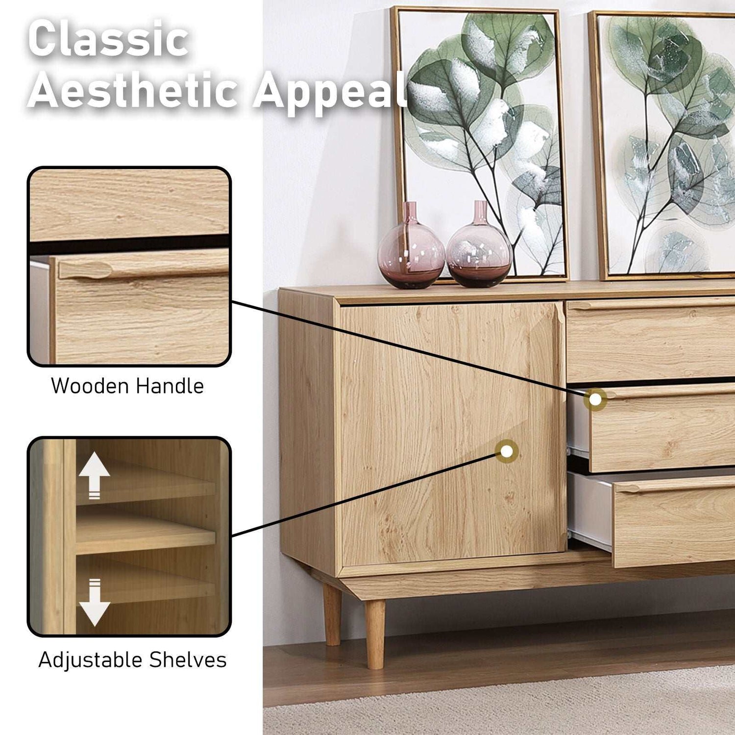 Swedish Large Buffet Sideboard Storage Cabinet - Scandi Style with 2 Doors & 3 Drawers Dresser | Spacious Storage Solution