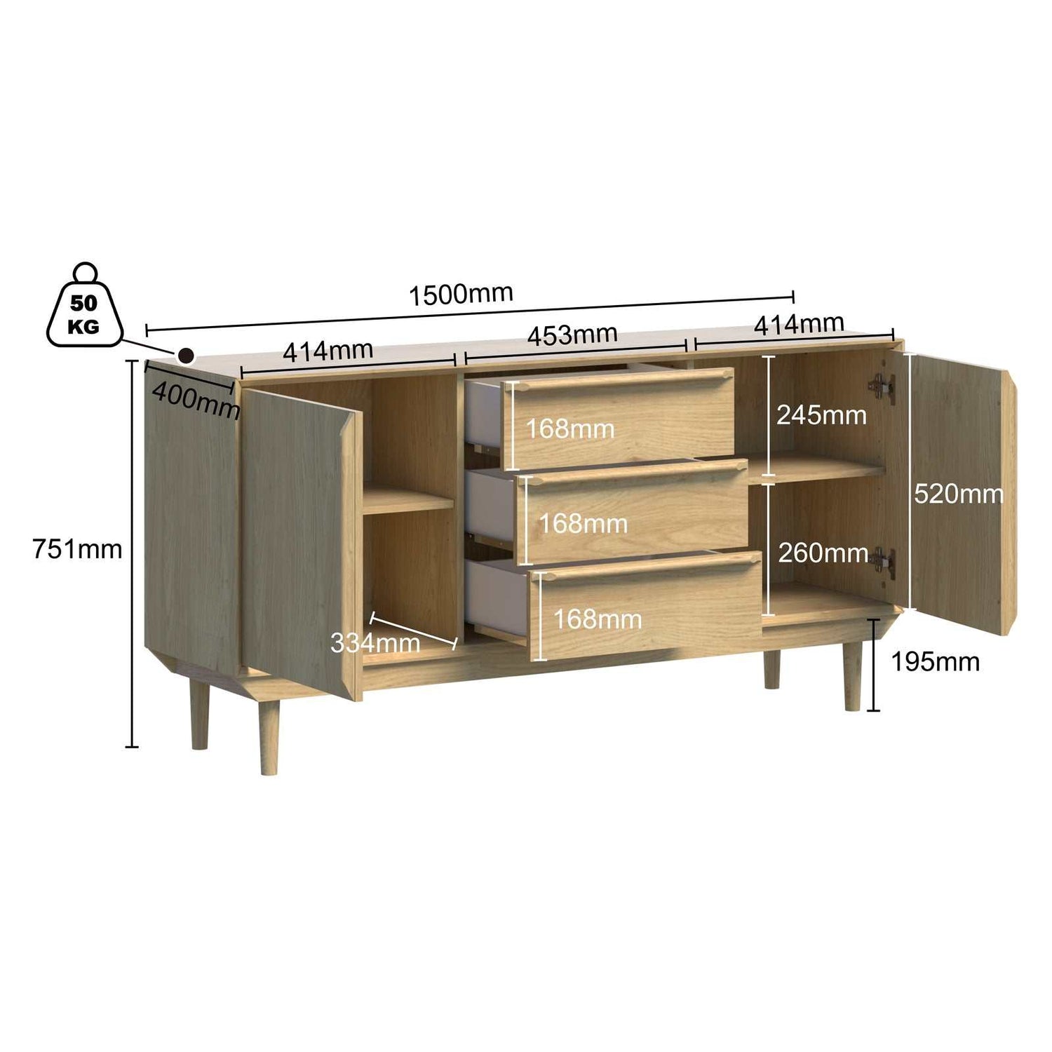 Swedish Large Buffet Sideboard Storage Cabinet - Scandi Style with 2 Doors & 3 Drawers Dresser | Spacious Storage Solution