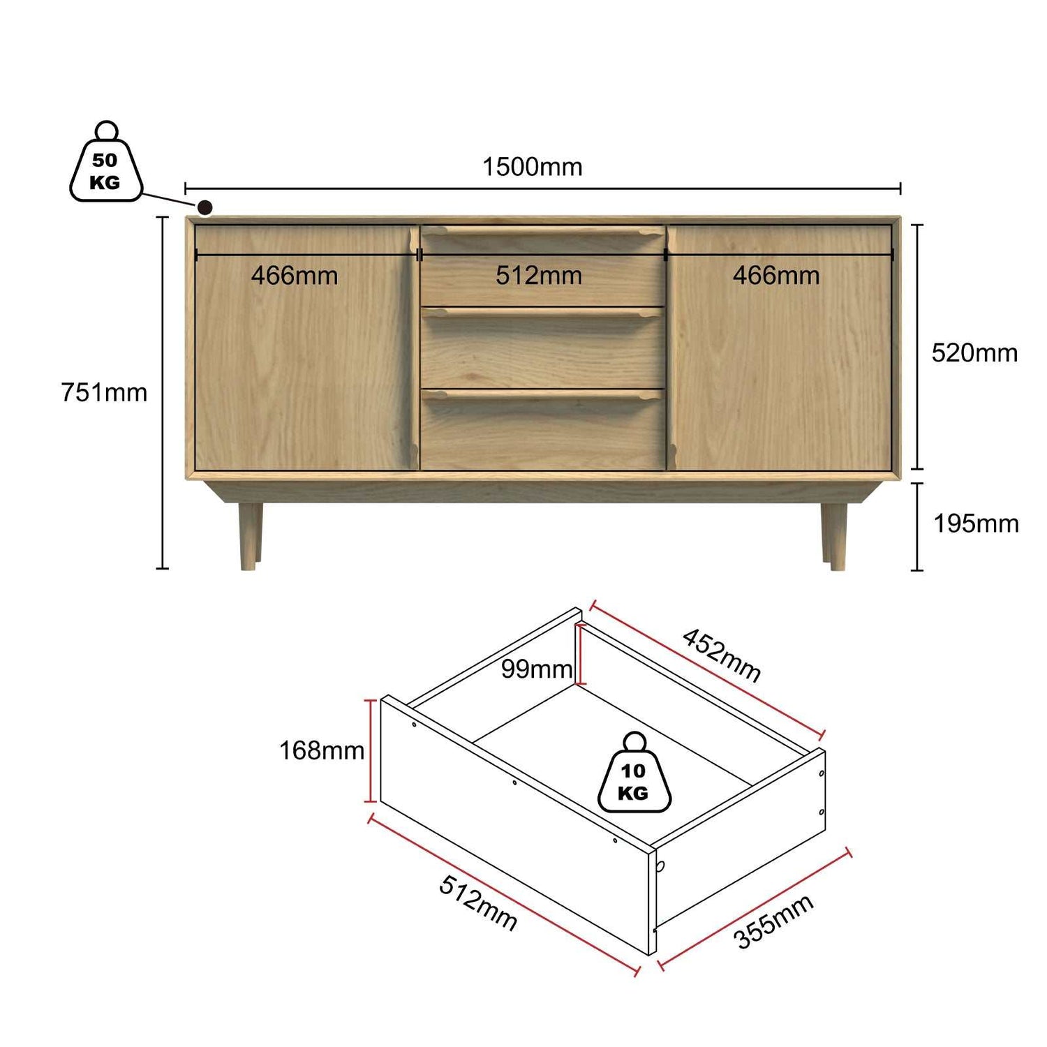 Swedish Large Buffet Sideboard Storage Cabinet - Scandi Style with 2 Doors & 3 Drawers Dresser | Spacious Storage Solution