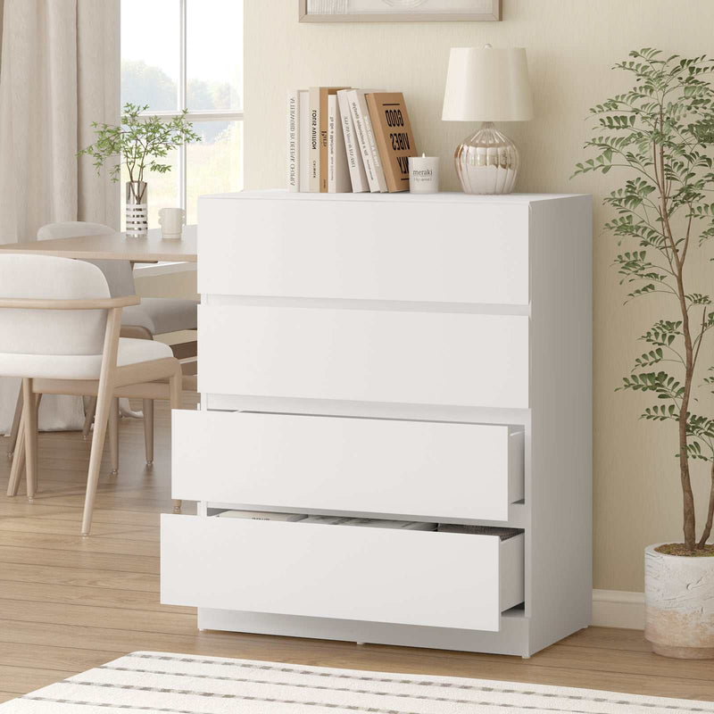 Modern 4 drawer dresser with sleek design, perfect for bedroom storage and decor.