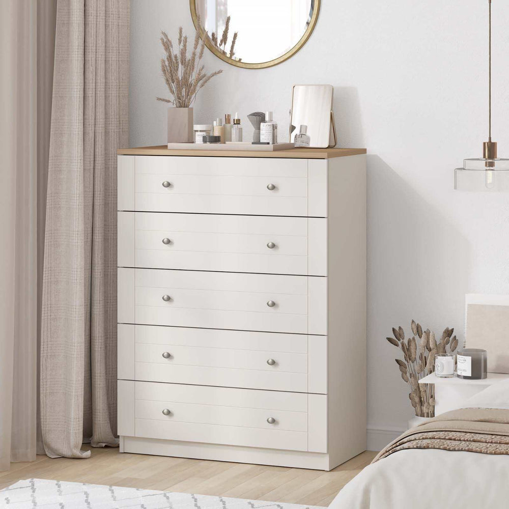Modern Harriet 5 chest of drawers dresser with pine-effect top and off-white body, featuring brushed metal handles; stylish and functional bedroom storage solution.