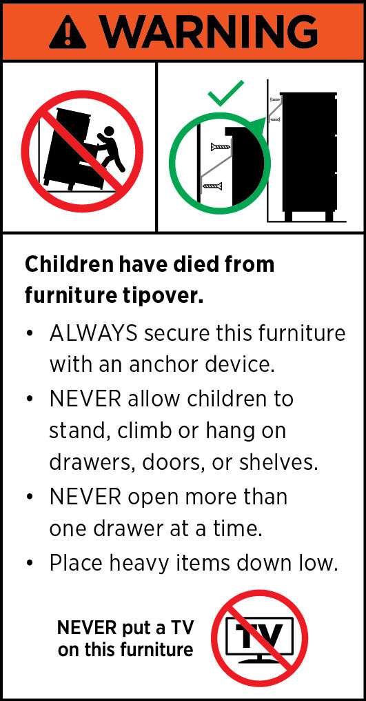 Safety warning label for Harriet 5 Drawer chest, highlighting risk of furniture tip-over and safety precautions.