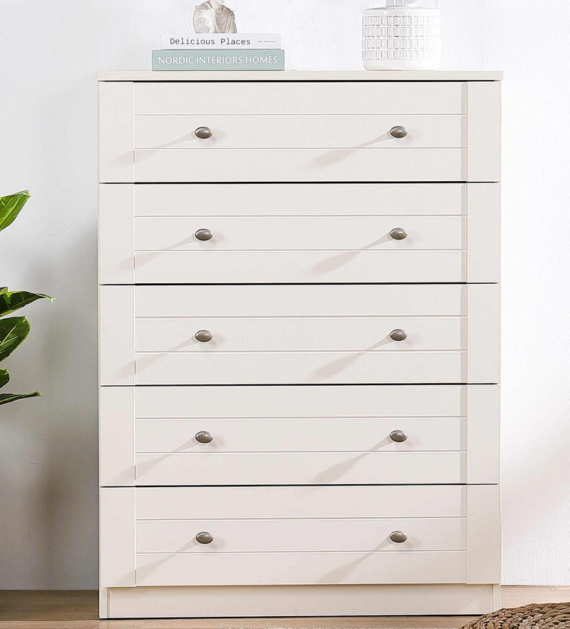 Harriet 5 Drawer Tallboy dresser in white, five-drawer storage solution for bedrooms.
