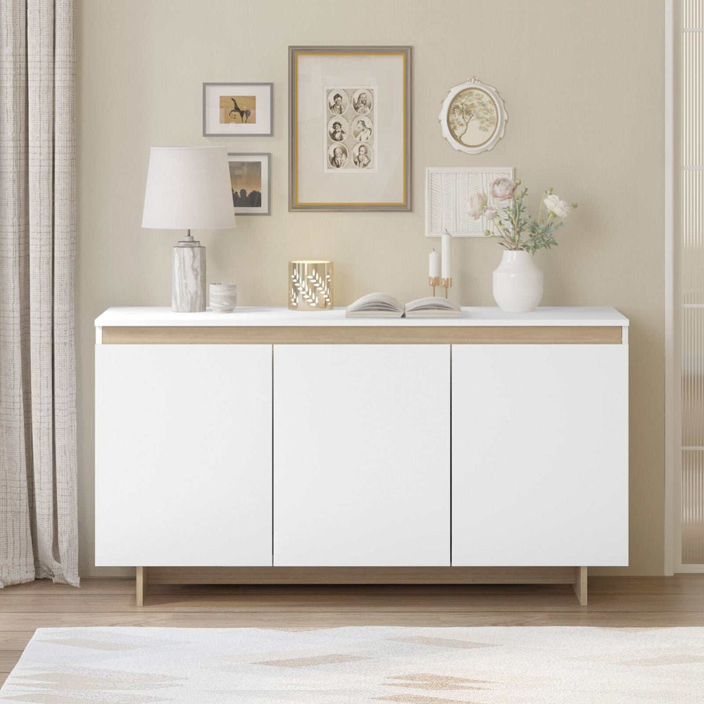 Vogue 3 Door Sideboard Buffet Table in minimalist design with white wood grain finish and light oak accent.