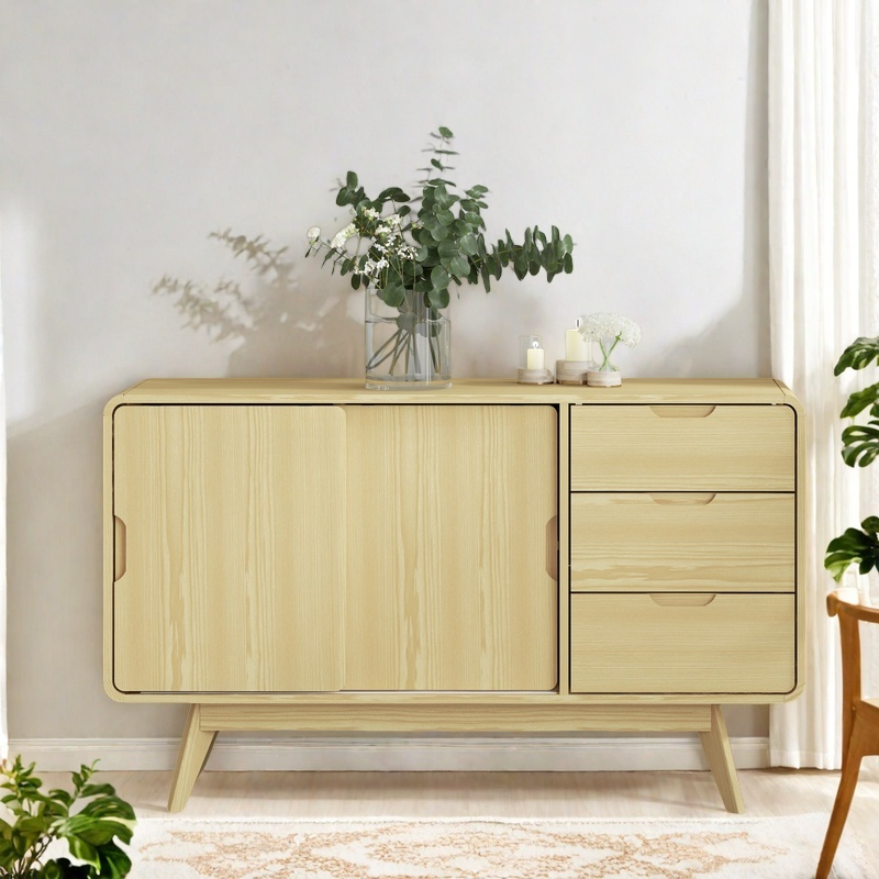 Oslo Sliding Door Buffet Sideboard with 3 Drawers in a modern design, featuring natural wooden doors and ample storage.