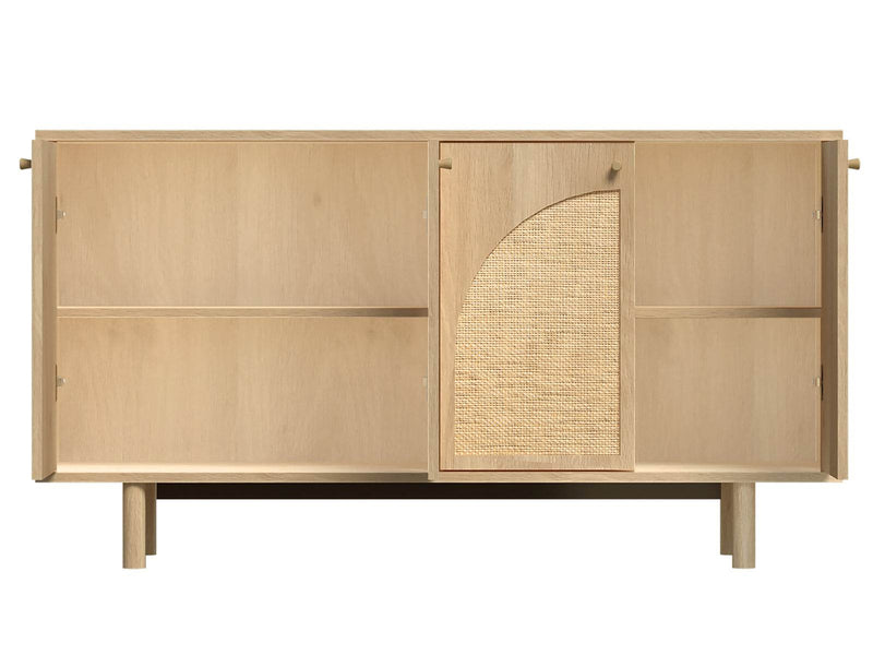 MerryLuk 4 Door Sideboard with oak finish and arched rattan panels.