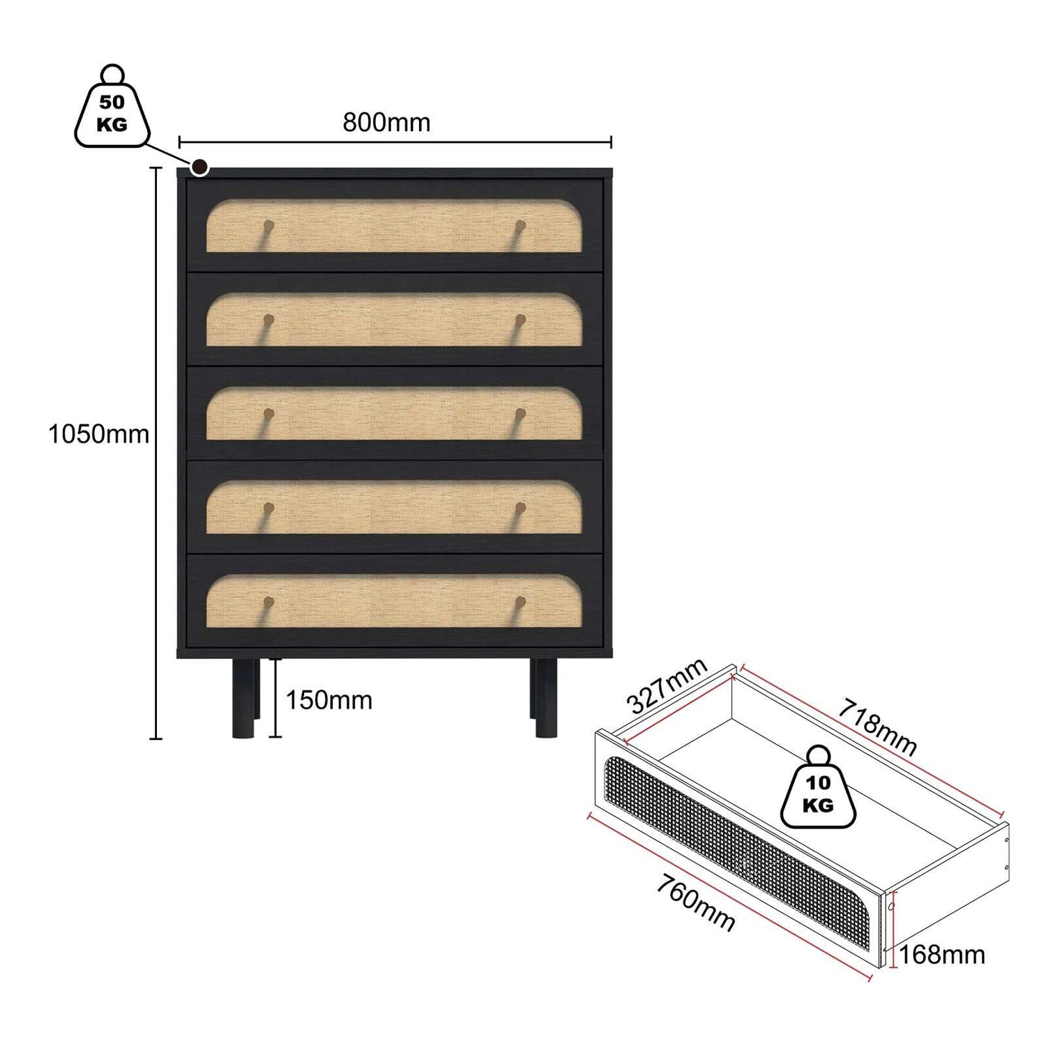 Elisa black 5 drawer Chest of Drawers Dresser